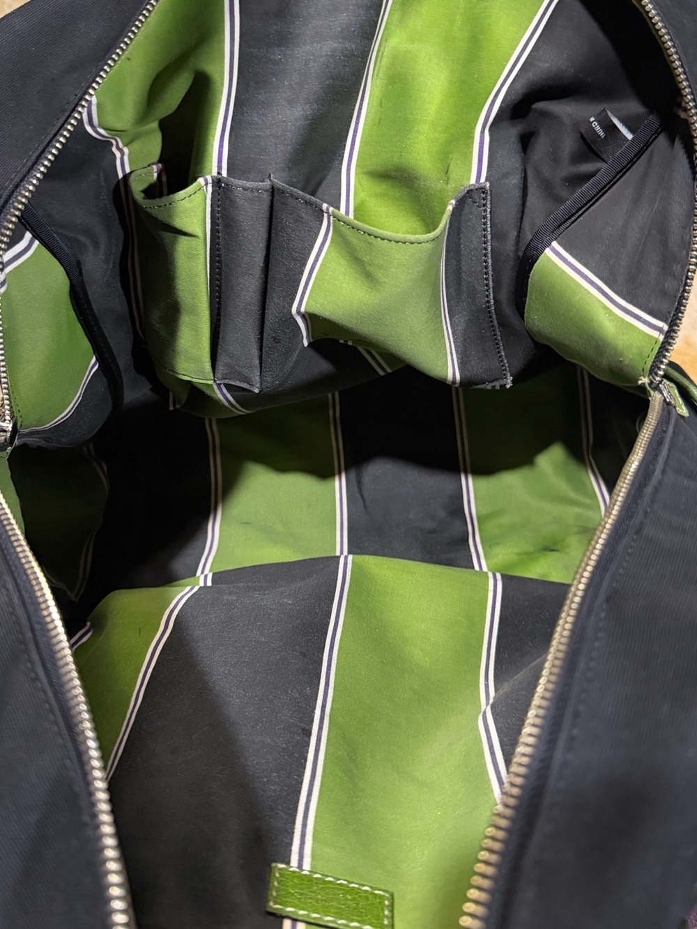 Kate Spade New York Canvas Tote Bag Navy Green Leather Trim - Picture 15 of 15
